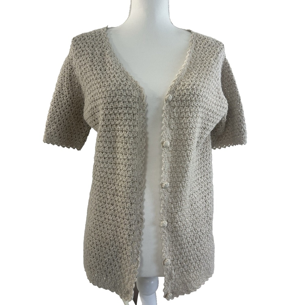 Beige Crochet Y2K Coquette Cardigan 55% Rami/45% Cotton Open Knit Button Sz S